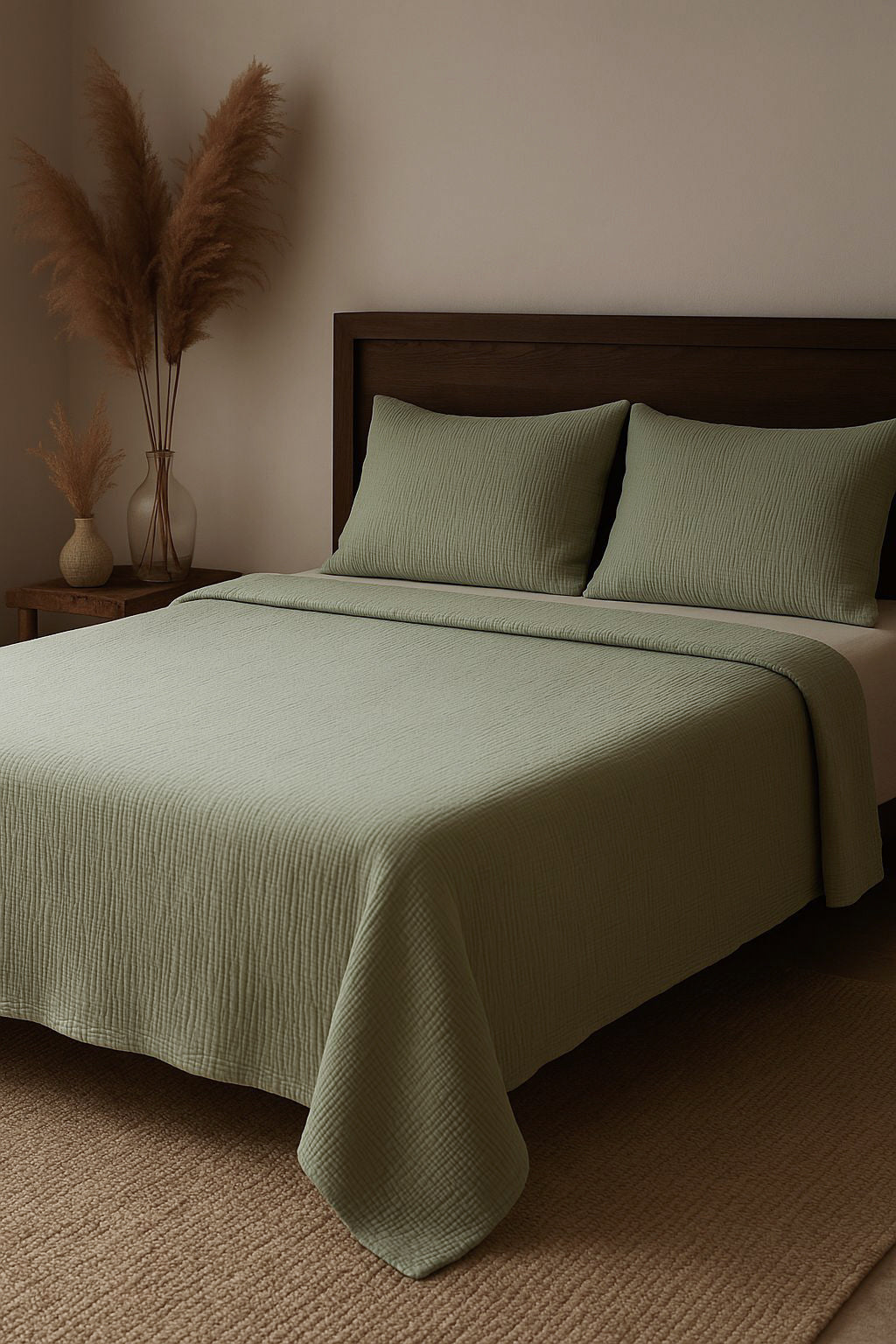 SAGE GREEN CRINKLE BED COVER SET