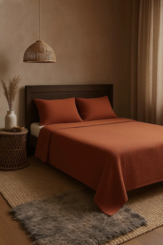 TERRACOTTA CRINKLE BED COVER SET
