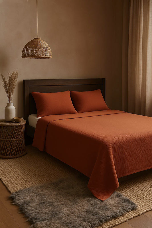 TERRACOTTA CRINKLE BED COVER SET